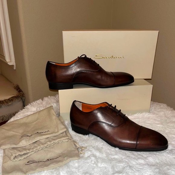 SANTONI Men's Dark Brown Leather Oxfords Lace Up MADE IN ITALY Size 10.5D - Picture 1 of 1
